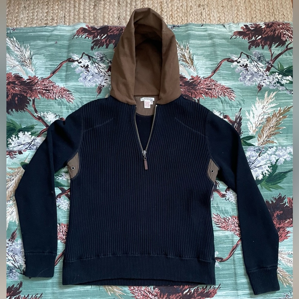 Carbon2Cobalt Men's Navy and Brown Zip-Up Sweater With Hoodie